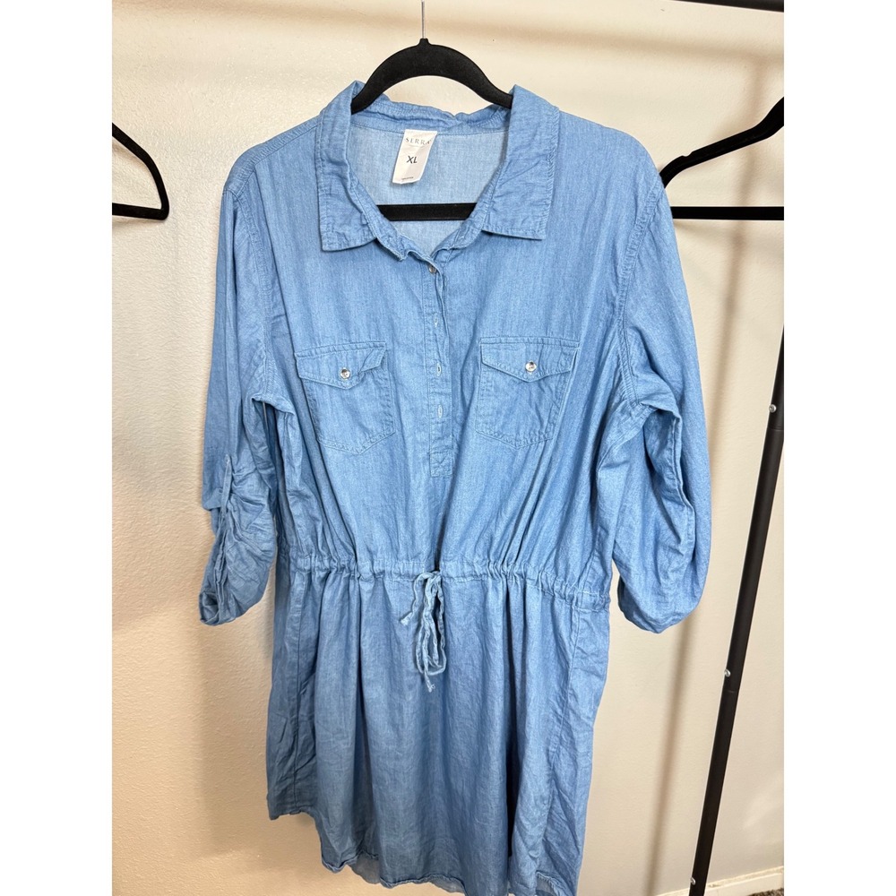 Serra Women XL Blue Chambray Cotton Shirt Dress Roll Tab Sleeve Drawstring Waist